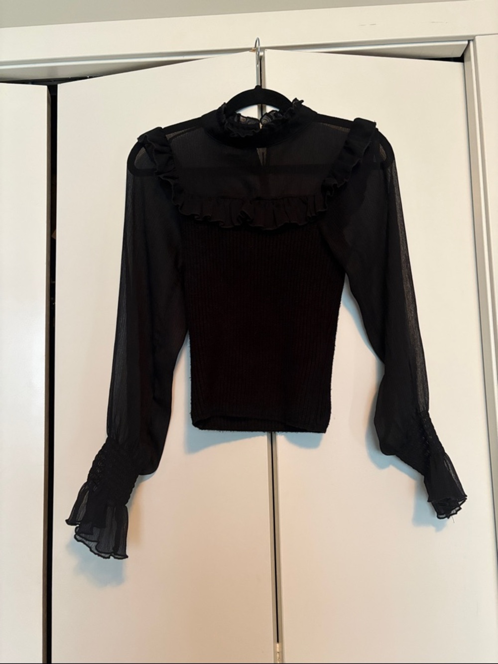 Black Ruffled Sheer Sleeve Top
